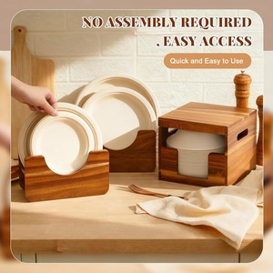 Wooden Cutlery Storage Box With Handle Paper <b>Plate</b> Bowl Dispenser <b>Rack</b> Standing Type Dust Proof Outdoor Picnic Use - Product Image 3