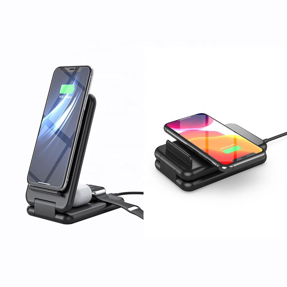 Portable Folding 15 Watt 10 w Black Fast Charge Qi 3 in 1 Wireless Phone Charger Station Foldable Charging Dock Stand for Apple