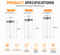 Bocaux à boisson en plastique transparent PET de qualité alimentaire avec couvercles en aluminium, à ouverture facile par anneau de traction, 350 ml et 500 ml