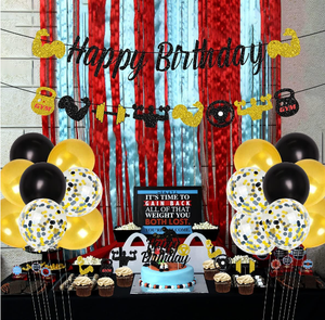 Kit de fournitures pour fête d'anniversaire sur le thème <span class=keywords><strong>du</strong></span> fitness : Bannières, drapeaux, guirlande, décoration de gâteau, décorations de cupcakes sur le thème de la <span class=keywords><strong>gym</strong></span> et de l'exercice, ballons en latex à hélium et confettis - Product Image 2