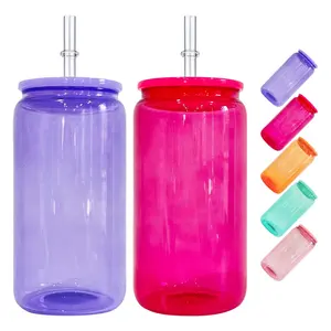 USA Lager leere Sublimation 16oz farbiges klares Trinkglas mit bunten Plastik deckeln
