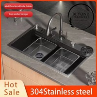 Évier de cuisine intelligent en acier inoxydable 304, multifonctionnel, grand bac unique, pour hôtels et vaisselle, noir