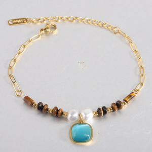 Pulsera de Moda con Cuentas de 12 mm, Cuadradas, de Turquesa, Ojo de Tigre y Perla, Cadena Dorada, Regalo para Mujer - Product Image 1