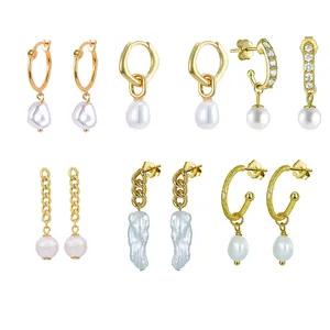 Wholesale Fine Earring Jewelry S925 Sterling Silver Pearl Drop Hoop Earring Gold Plated Pearl Tassel Stud Earrings For Women