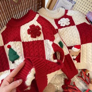 Tongxingyuan Girls Sweater Red White Checkered Cartoon Christmas Knitwear Autumn Winter Warm Base Layer - Product Image 3