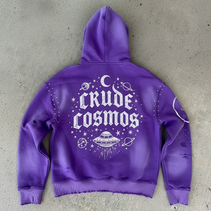 Felpa con Cappuccio Oversize da Uomo in Tessuto French Terry Pesante, Stile Vintage con Lavaggio Acido, Effetto Consumato e Strass - Product Image 2