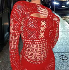 Viviblook Z0206RP01 Nouveau Sexy évider voir à travers les vêtements en maille manches longues haute élasticité barboteuse moulante - Product Image 4