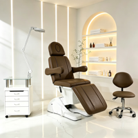 Fauteuil de soin esthétique en cuir PU marron avec base blanche, réglable en hauteur, inclinable et rotatif, pour spa facial et cosmétique