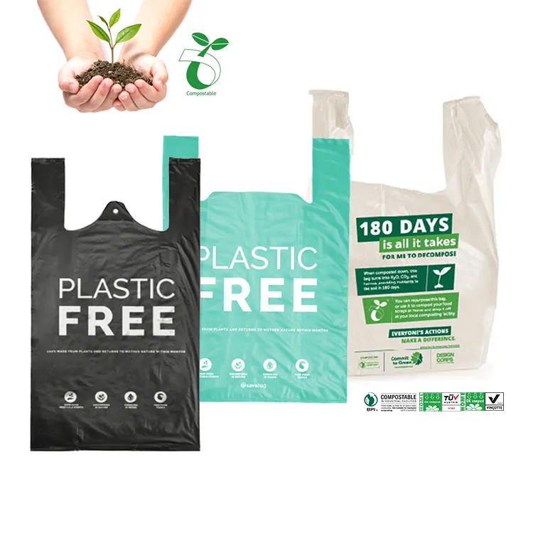 カスタムロゴプリントサイズ高品質ヘビーデューティーブラック生分解性堆肥化可能な食料品Tシャツハンドル付きプラスチックショッピングバッグ