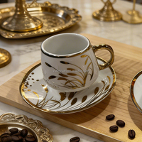 Desain Elegan Cangkir Teh Porselen Mewah Berlapis Emas 90cc Set Cangkir Kopi dan Piring Keramik 6 Buah untuk Hadiah Pernikahan