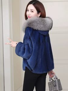 Elegante Giacca Corta da <span class=keywords><strong>Donna</strong></span> in Vera Pelliccia di <span class=keywords><strong>Visone</strong></span> Blu Navy con Cappuccio, Calda e Casual per l'Inverno, con Chiusura a Cerniera - Product Image 5