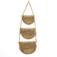 Panier suspendu à 3 niveaux pour fruits, sac de rangement mural détachable, pochette de rangement murale, panier suspendu tissé pour fruits et légumes, décoration bohème