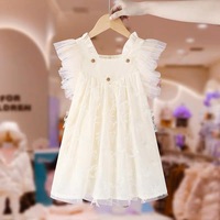 Robe de princesse en tulle blanc brodé pour petites filles, robe d'été à volants et bretelles en maille, robe de fête pour enfants
