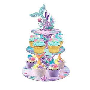 Huancai suporte de bolo de sereia, 3 tier, rabo de sereia, suporte de cartão, cupcake, aniversário infantil, sob o mar, suprimentos para festa