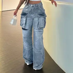 CUTENOVA 23 PT090602 Trend ing Herbst Winter Streetwear Straight Vintage Jean Cargo Denim Hose mit weitem Bein für Damen