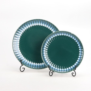 Bán Buôn Nhà Bếp Hải Quân Màu Xanh Lá Cây Gân Nổi Gốm Đồ Ăn Thanh Lịch Cổ Điển Sứ Đặt Bữa Ăn Tối Phản Ứng Men Món Ăn - Product Image 5