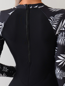 Costume da bagno intero sportivo a maniche lunghe con stampa a foglie nere per donna, costume da bagno professionale ad alta elasticità e ad asciugatura rapida - Product Image 5