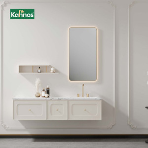 Meubles-lavabos élégants blanc crème pour salle de bain avec miroir LED arrondi à cadre doré, ensemble double vasque mural - Product Image 1