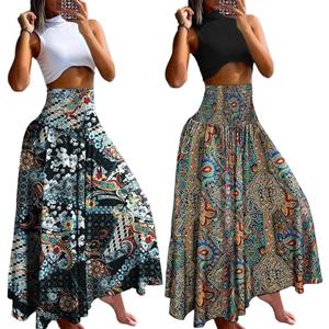 Women Maxi <b>Skirt</b> High Waist Wide <b>Elastic</b> Waist A-Line Retro Printed <b>Skirt</b> Summer Loose Fit Long <b>Skirt</b> - Product Image 1