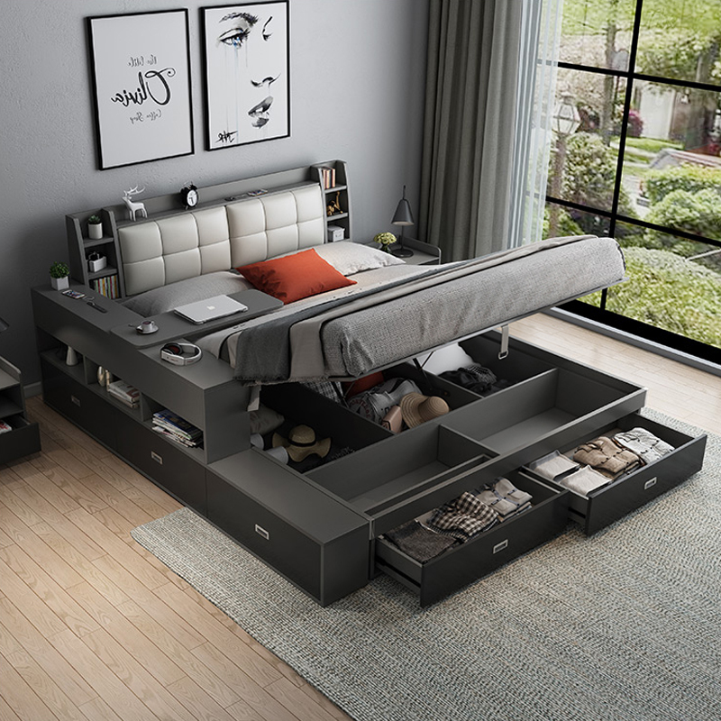 Moderne Slaapkamer Meubilair Opslag Queen Bed Multifunctionele Tatami Kingsize Hout Bedden