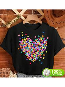 T-Shirt Casual da Donna con Motivo a Cuori Retrò, Manica Corta, Puro Cotone, Vestibilità Regolare, per Tutte le Stagioni, Collo Tondo, Stampa Digitale - Product Image 3
