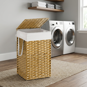 Natural Water Hyacinth Woven Laundry Storage <b>Basket</b> <b>With</b> <b>Lid</b> And Handles Rectangle Rustic Style - Product Image 2