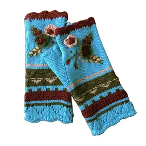 autumn/winter hand hook and Embroidery tricolor flower warm gloves woolen woven knitted half finger gloves for ladys