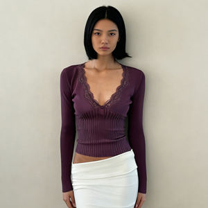 Camiseta de Punto con Cuello en V y Parches de Encaje Estilo Jefe para Mujer, Ajustada, con Botones en la Parte Delantera, Color Morado, Sexy, Moldea la Cintura, Top Interior - Product Image 5