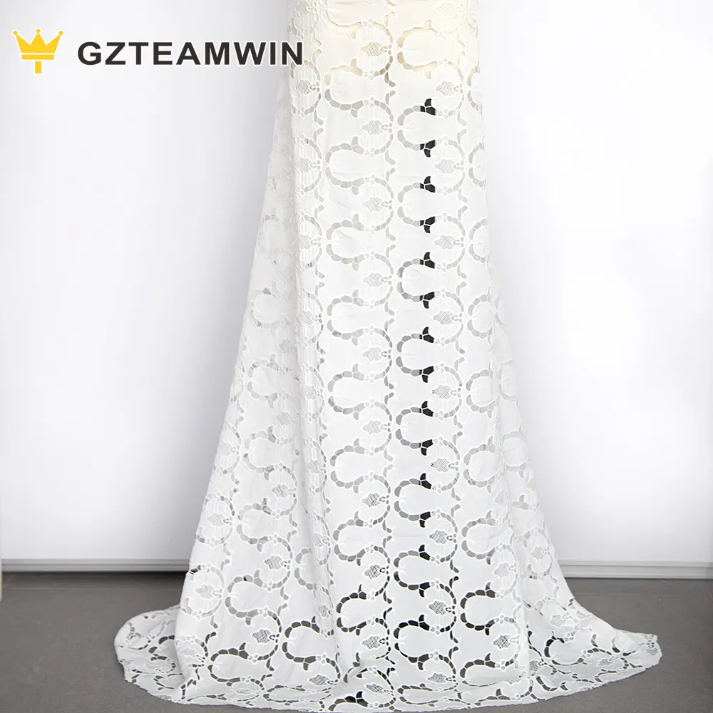 Hot Selling Charming Fancy White Cotton Lace Large Machine Embroidery Cotton Wedding Lace Fabrics