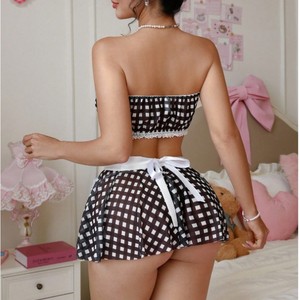 Set di Lingerie Sexy a Quadri per Donne, Costume da Cameriera con Pizzo, Gonna Corta, Shapewear Sottile, Travestimento da Servitrice - Product Image 3