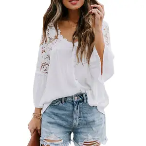 Hot Sale Women Summer White Shirt Crochet Lace Button Blouse