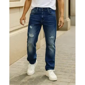 Jeans da Uomo Adrenaline a Gamba Dritta, Denim Blu Effetto Usurato, Vita Media, 5 Tasche - Product Image 1