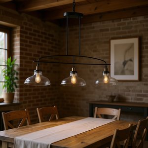 Industrial 3-Light Pendant Chandelier 45 In <b>Black</b> Iron <b>Frame</b> Clear Glass Shades Adjustable Height Modern Farmhouse Lighting - Product Image 2