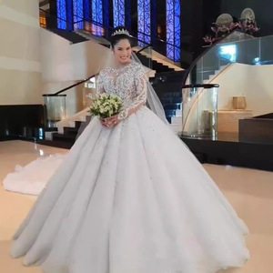 Wedding Dress Ball Gown Long Sleeve Lace Sweetheart Neckline Princess Waist White Vintage Style Full Length Train - Product Image 3