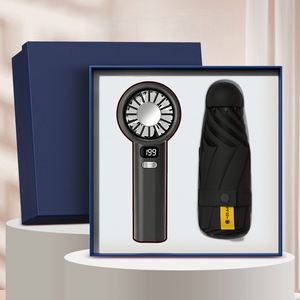 Ensemble 2-en-1 personnalisé avec logo couleur pour entreprise : éventail promotionnel et parapluie capsule avec impression UV et emballage cadeau en papier - Product Image 1