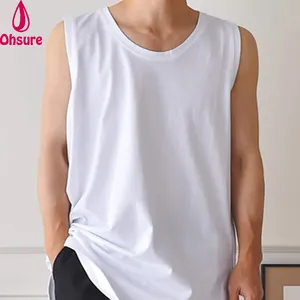 Chaleco sin mangas en blanco, camiseta sin mangas de Fitness, cuello redondo blanco, algodón súper largo para hombres, camiseta informal con estampado Digital de punto, 1 pieza/bolsa de PP