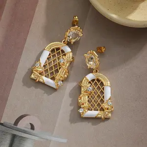 Anting Menjuntai Anting Zirkon Mode Anting Sangkar Burung Emas Berlapis Ion untuk Aksesori Wanita