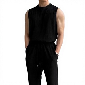 <b>Men</b> Ribbed Sleeveless Tank Top and Track Pants Set Solid Color Casual O-Neck Knitted Sportswear Outfit - Product Image 2