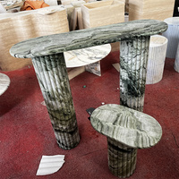 Ensemble de table ovale en marbre vert Shangri-La naturel avec base cylindrique cannelée