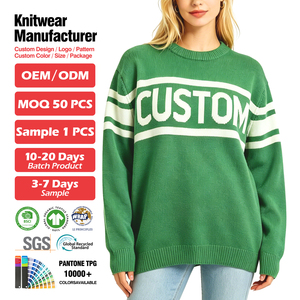 Pull en coton personnalisé OEM ODM pour femme, col rond, pull de golf à manches longues, motif lettres, rayures vintage, pull en tricot de rugby - Product Image 2