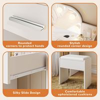 Grande coiffeuse de chambre rustique blanche en bois avec miroir éclairé, rangement et chaise