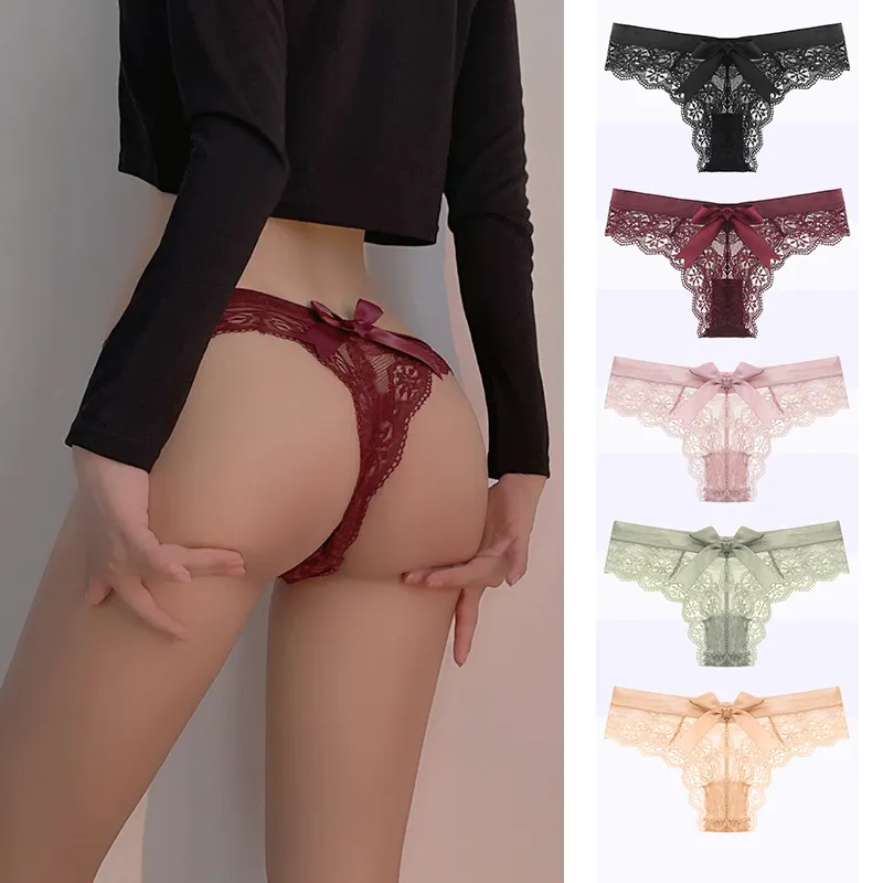 Wholesale hot selling sexy black women underwear with lace see-through transparent low-rise thongs with bows ladies panties