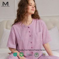 Ensemble pyjama coordonné en coton et lin pour femme, chemise à manches courtes boutonnée et pantalon large, tenue décontractée pour l'extérieur, vêtements de détente SOFT09