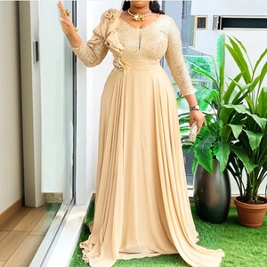 Vestido Largo Casual de Chifón Sólido de Sehe Fashion para Mujeres Africanas de Tallas Grandes, con Adornos Florales 3D y Corte Imperio en la Parte Delantera - Product Image 1