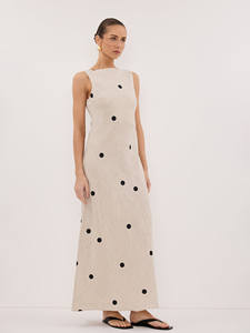 Robe midi en lin vintage minimaliste pour femme, style français décontracté, col rond, taille naturelle cintrée, dos nu, imprimé décontracté pour les vacances - Product Image 2