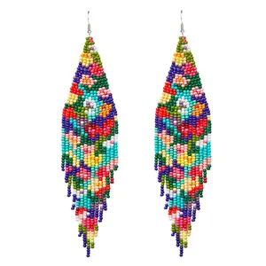 Large Native Bohemian Statement Beaded Fringe Drop Earrings Big Tribal Boho Seed Bead Chandelier Dangle Earrings For Women Girls