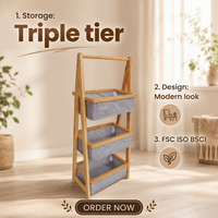 Étagère de rangement à 3 niveaux en bambou naturel avec paniers en tissu, organisateur stable et durable pour la chambre à coucher, la buanderie et le salon