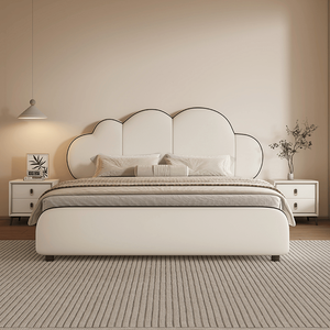Cadre de lit king size avec rangement, style crème, mobilier de chambre à coucher, prix bas, sommier simple, cuir écologique, blanc crème - Product Image 4