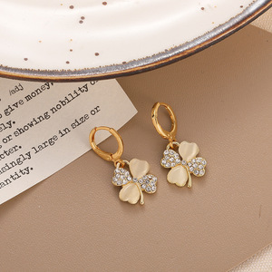 Pendientes <span class=keywords><strong>de</strong></span> Cristal con Cuatro Hojas <span class=keywords><strong>de</strong></span> Trébol, Chapados en <span class=keywords><strong>Oro</strong></span>, Estilo Coreano, Joyería <span class=keywords><strong>de</strong></span> Lujo Clásica - Product Image 3