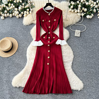 Robe décontractée élégante pour femme WIWT, coupe trapèze, manches longues, tricotée, avec poignets contrastants blancs, boutonnée, longueur midi, pour un usage quotidien